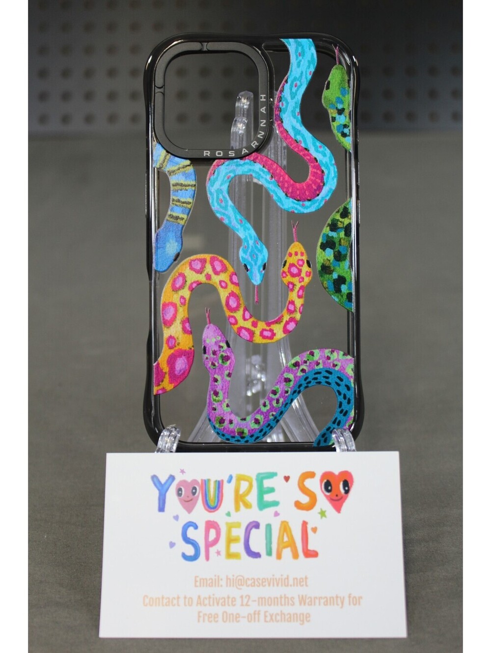 Clear iPhone 16 Case with Black Border & Colorful Snakes